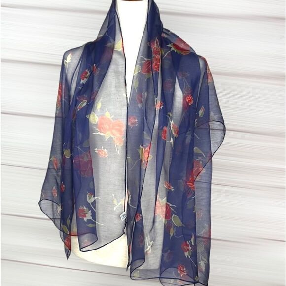 Silk Chiffon Blue with Floral Roses Print Lightweight scarf - Picture 5 of 13